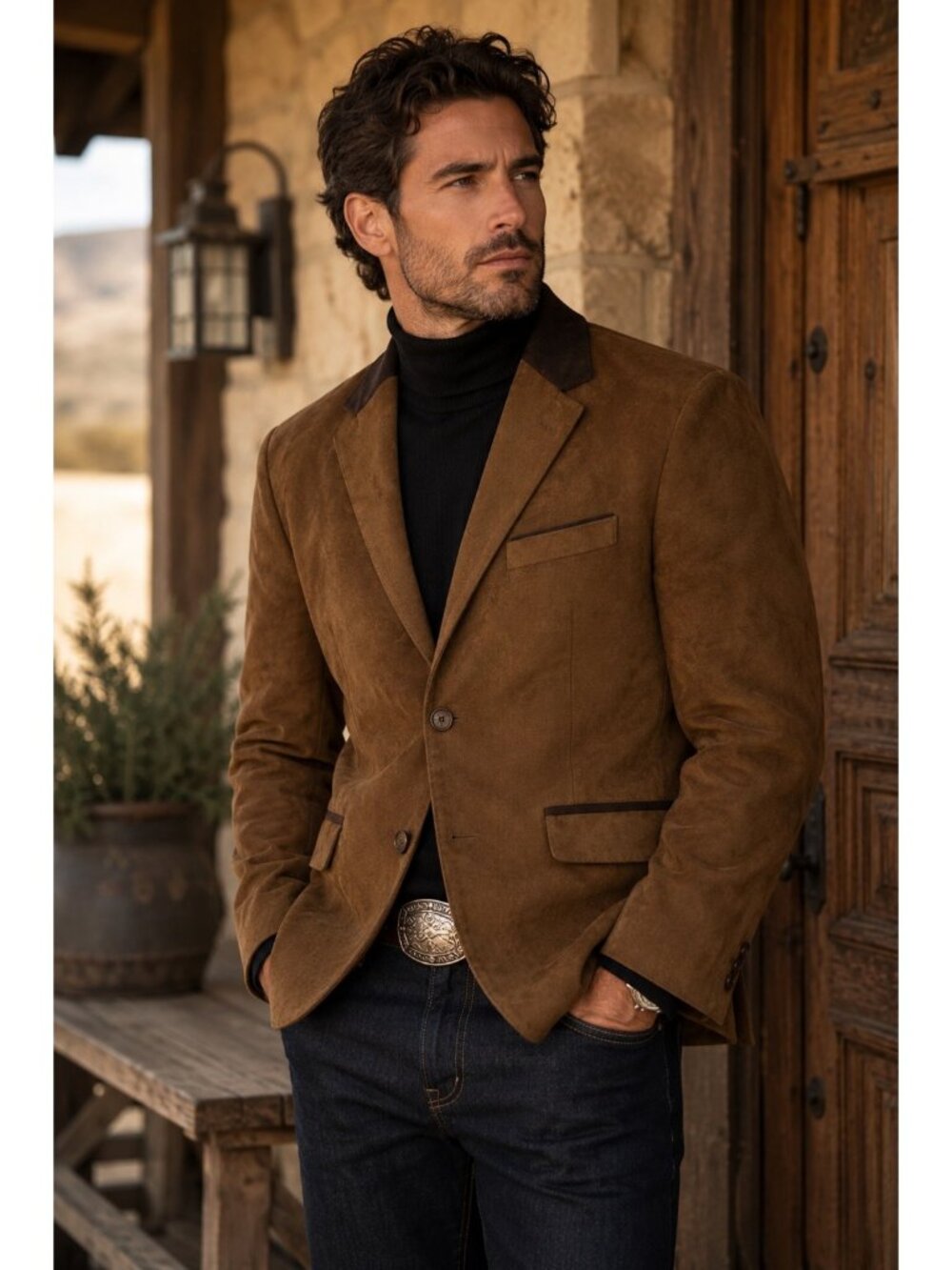 Vermonti Milan Men’s Brown Suede-Look Blazer Contrast Collar Western Ranch Jacke